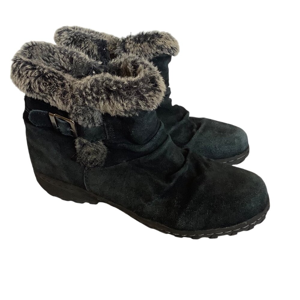 Khombu Lindsey Black Leather Ankle Boots Booties Faux Fur Side Zip Women Sz 9